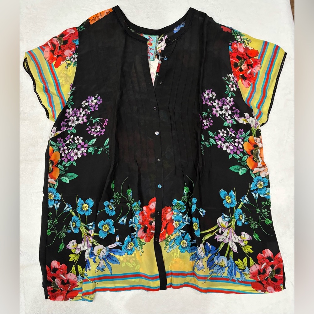 Johnny Was Black Floral Blouse with Cap Sleeves